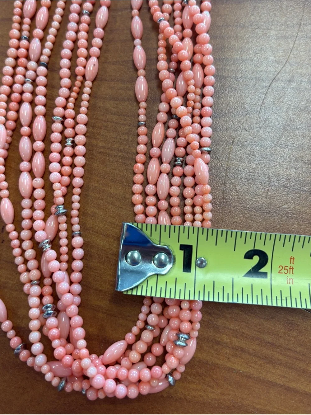 925 Sterling Silver Signed BJ Multi-Strand Salmon Coral Pink Bead Necklace